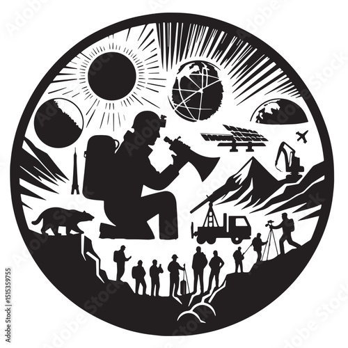Black Color Geology & Earth Sciences Silhouette Vector Illustration, Solid White Background