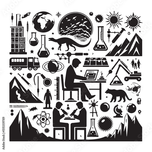 Black Color Geology & Earth Sciences Silhouette Vector Illustration, Solid White Background