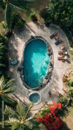 Relaxing Pool Area Surrounded by Greenery at a Tropical Resort During Sunny Day