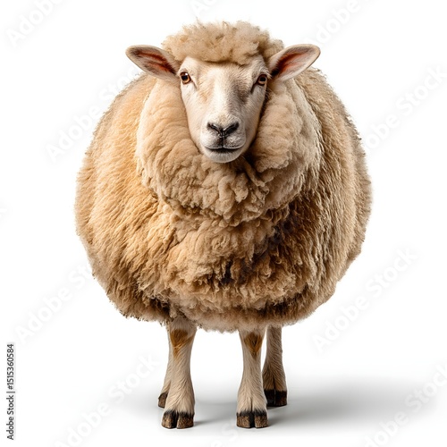 Fluffy sheep standing calmly, light beige wool coat, farm setting, ideal for rural themes and animal care content. photo