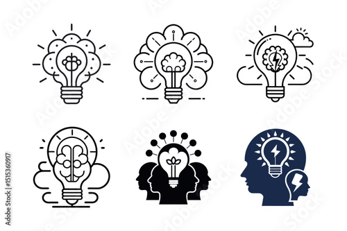 Brainstorming and Idea Generation Vector Icon Set isolated on white background
