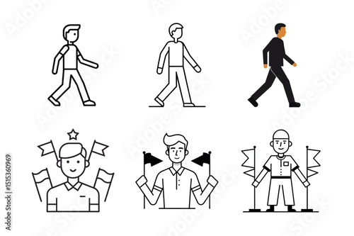 People Walking and Flag Bearer Vector Icon Set isolated on white background
