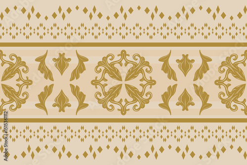 Flourish Digital Print Motif with Gold Scroll Ornament and Geometric Diamond Striped Elegance Pattern on Beige Background. Luxury Filigree Batik Textiles Silk Weaves Graceful Design for All Decoration