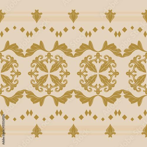 Intricate Flourish Baroque Royal Botanical Style with Golden Ornament Pattern on Beige Background. Luxury Wealth Gold Leaves Florals Border Delicate Byzantine Illustration for Carpet Embroidery Fabric