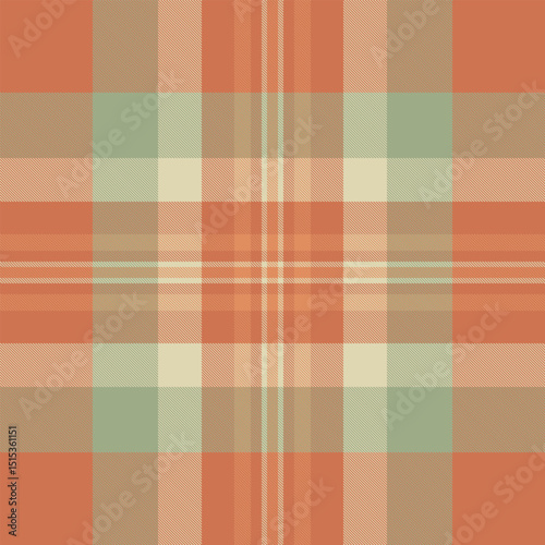 A seamless pattern of muted orange, beige, and sage green plaid. This versatile design evokes feelings of warmth and comfort, perfect for autumnal projects or rusticchic aesthetics.