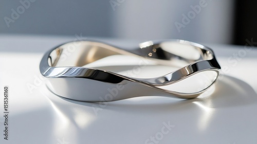 Close view of avant garde jewelry showcasing a minimal design bracelet with curved stainless steel in reflective light