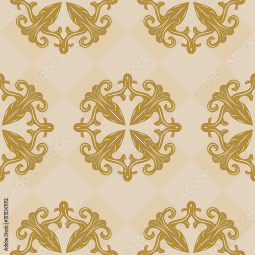 Repeat Elaborate Seamless Scroll Ornament Brocade Baroque Design Decoration Luxury Pattern with Golden Filigree on Beige Geometric Argyle Background. Modern Classy Timeless Style for Wallpaper Apparel