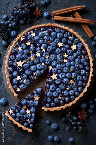 Freshly Baked Blueberry Tart With Star-Shaped Decorations and Spices on a Dar...