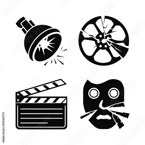vector icons for cinema, Director's Chair , theatrical roles, video tape, cinema shattered spotlight, Theater Ticket
