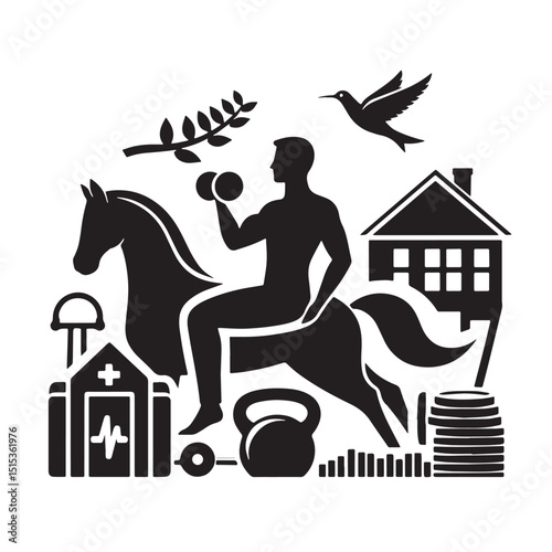 Black Color Health & Wellness Silhouette Vector Illustration, Solid White Background