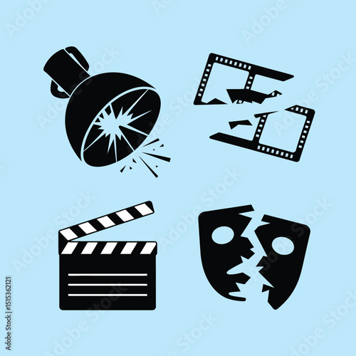 vector icons for cinema, Director's Chair , theatrical roles, video tape, cinema shattered spotlight, Theater Ticket
