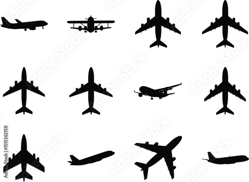 Set of Black Airplane Silhouettes, Diverse Aircraft and Aviation Symbols AI Generative