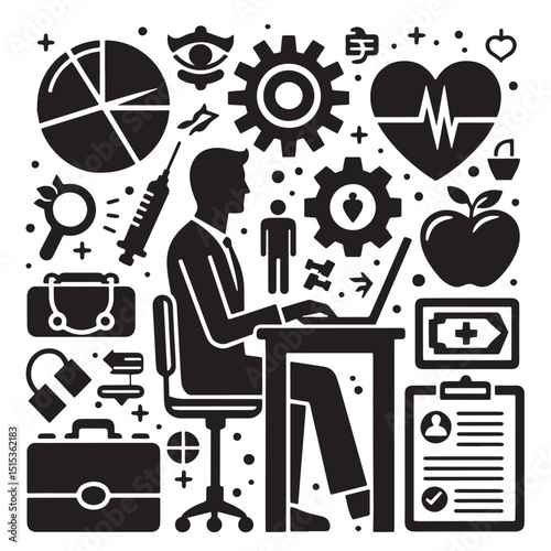 Black Color Health & Wellness Silhouette Vector Illustration, Solid White Background