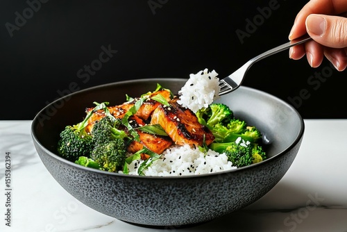 Delicious Bowl of Grilled Salmon With Broccoli and Rice Served on a Dark Marb...