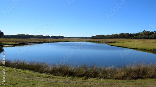 Serene Lake Landscape with Grassy Shores and Trees