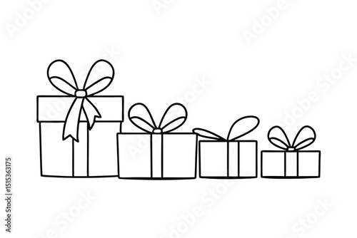 Line art illustration of four gift boxes with bows