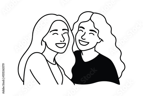 Two happy women friends line art illustration