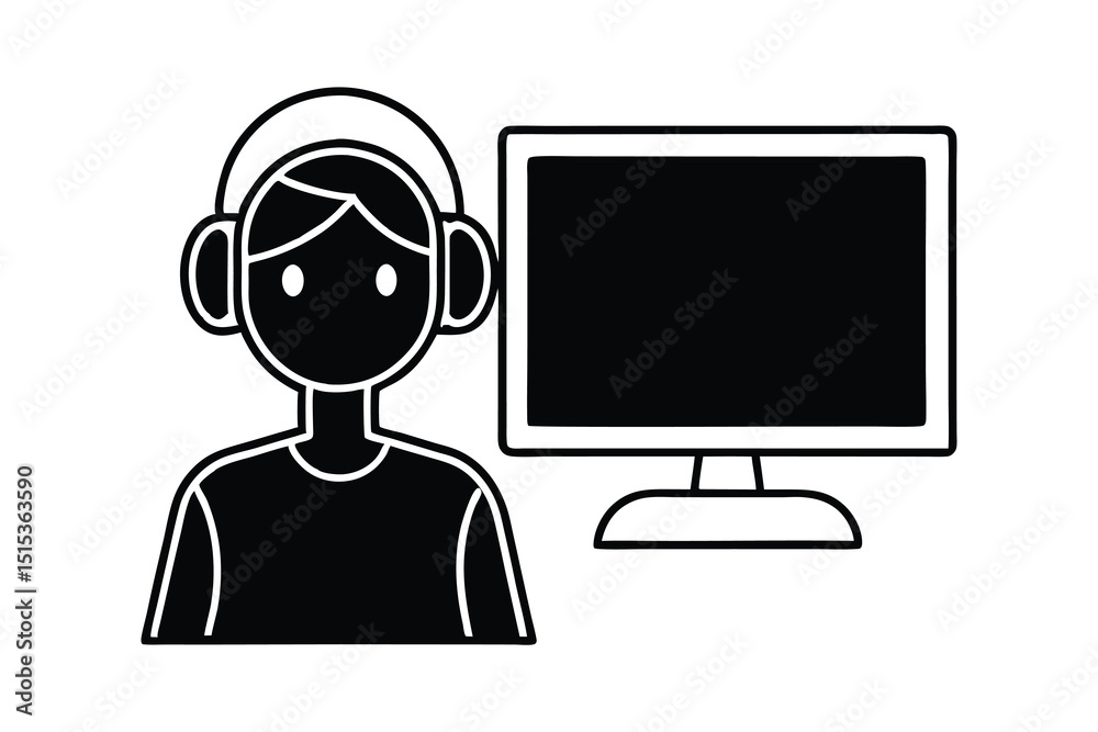 Person with headphones at computer line art illustration Person with headphones at computer line art illustration