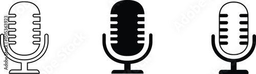 Set of Outline and Solid Retro Microphone Icons, Simple Audio and Music Symbols AI Generative