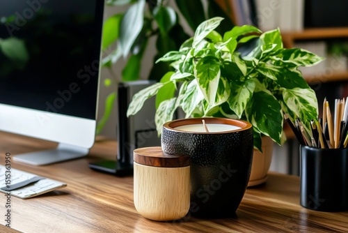 Elegant Workspace Featuring a White Container and Lush Green Plant on a Woode...
