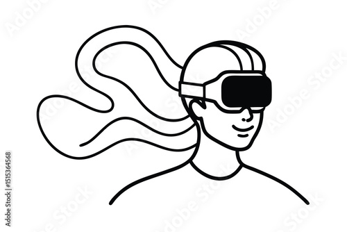 Woman with flowing hair wearing vr headset line art
