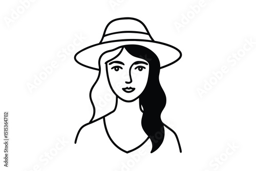 Woman in a wide brim hat line art illustration