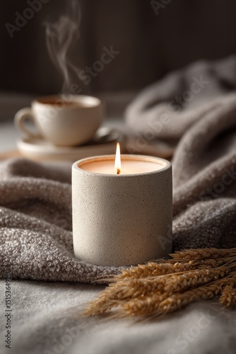 Cozy Settings With a Candle and Steaming Cup of Coffee on a Soft Blanket