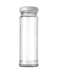 Empty glass jar with white lid standing on white background