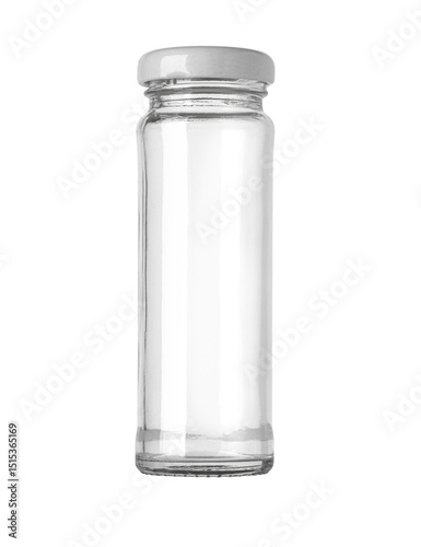 Empty glass jar with white lid standing on white background photo