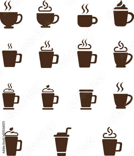 Coffee cup icon set. Cups of coffee tea collection. Hot drink icon. Disposable cup. Cup coffe with steam. Flat style. Vector Illustration. Vector Graphic. EPS 10