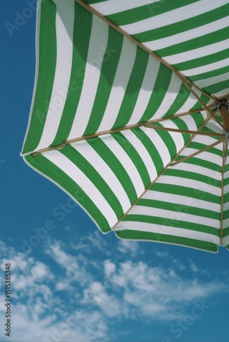 Bright Green and White Striped Umbrella Against Clear Blue Sky With Fluffy Cl...