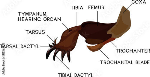 Structure of mole cricket foreleg (interior of fossorial leg) for biology lesson