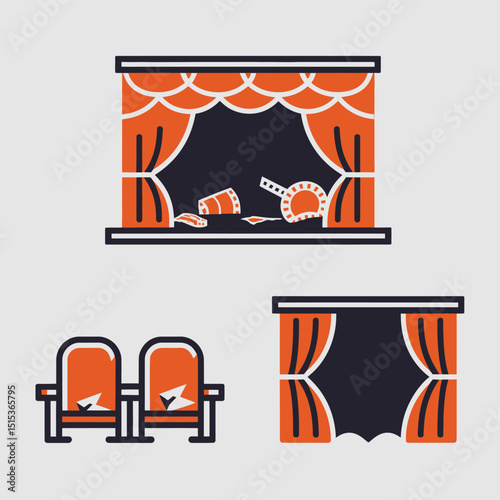 vector icons for cinema, Director's Chair , theatrical roles, video tape, cinema shattered spotlight, Theater Ticket
