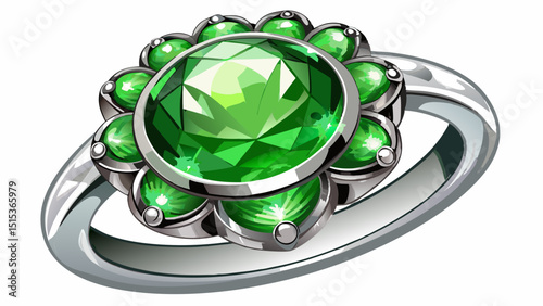 Close-up of a classic silver ring with a glowing emerald gemstone at center, placed on white surface. Detailed setting and radiant green color evoke luxury and natural charm.

