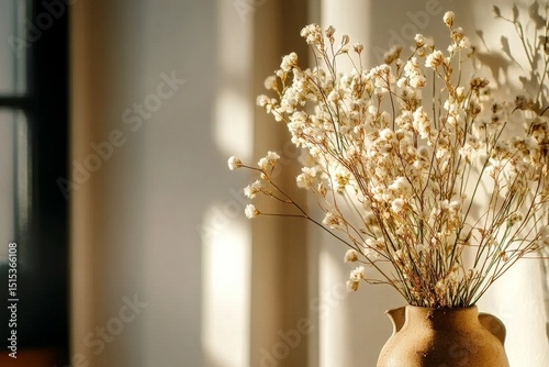 Beautiful Dried Flowers in a Rustic Vase Placed in Sunlit Room
