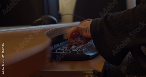 A Detailed CloseUp of Hands Engaged in Typing on a Computer Keyboard at a Workspace