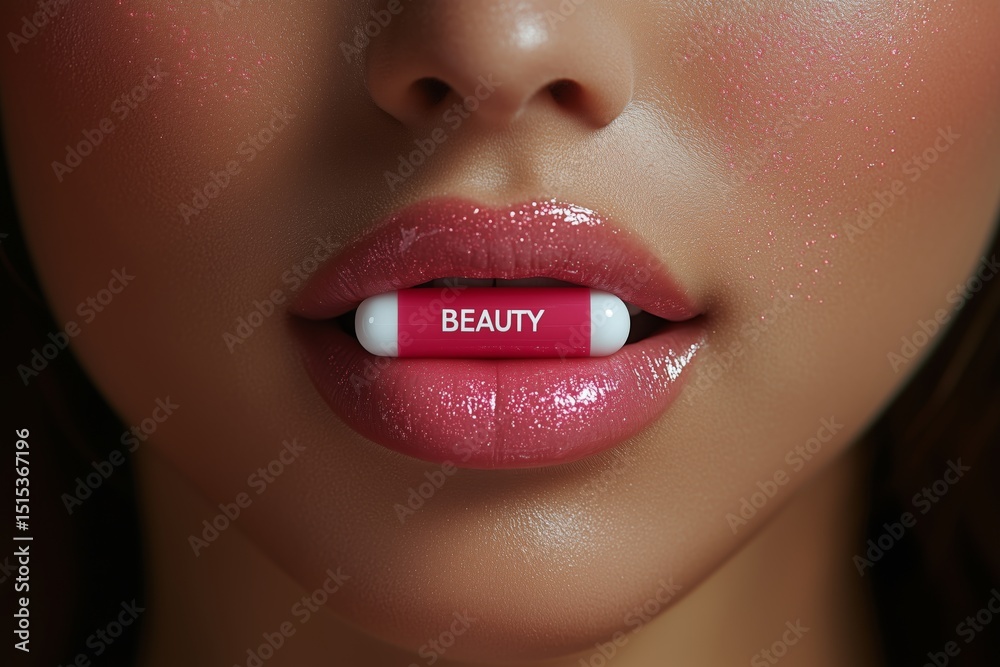 Obraz premium Glossy pink lips holding a red and white capsule labeled 