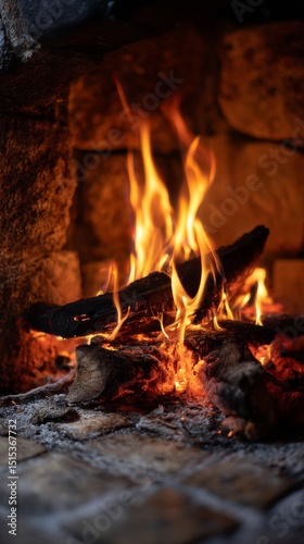 Warm Glow of Firewood Burning Indoors Creates a Cozy Atmosphere in Rustic Set...