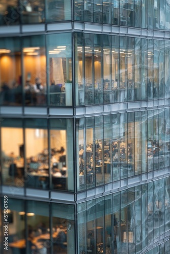 Office Workers Engaged in Various Tasks Within a Modern Glass Building During...
