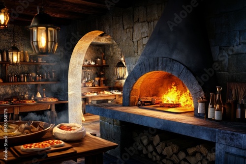 Cozy Kitchen With a Wood-Fired Oven Baking Pizzas During Evening Hours