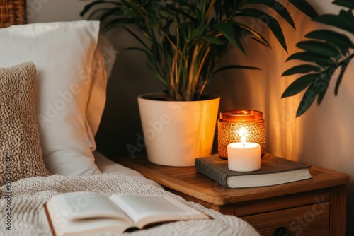 Cozy Bedroom Corner With Plants, Candle, and an Open Book for Relaxation in E...