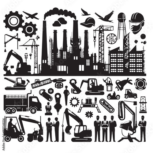 Black Color Industrial Design Silhouette Vector Illustration, Solid White Background