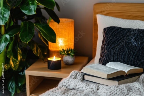 Cozy Bedroom Corner With Plants, Candle, and an Open Book for Relaxation in E...