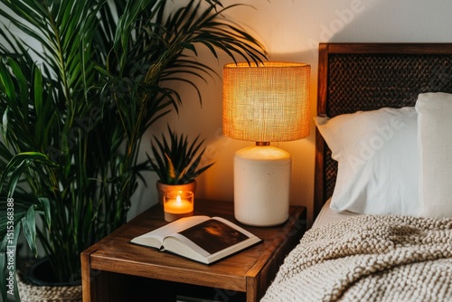 Cozy Bedroom Setup With Plants, Lamp, and a Book on a Nightstand in Warm Ligh...