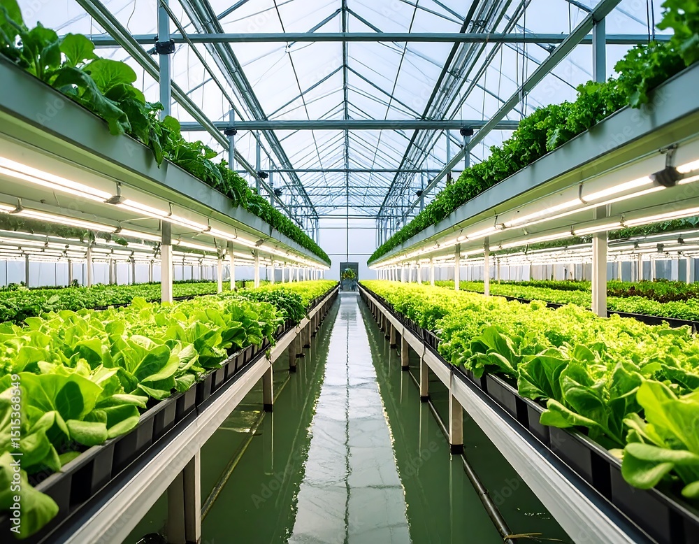 Interior of a modern greenhouse with rows of lettuce plants Interior of a modern greenhouse with rows of lettuce plants