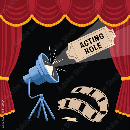 vector icons for cinema, Director's Chair , theatrical roles, video tape, cinema shattered spotlight, Theater Ticket
