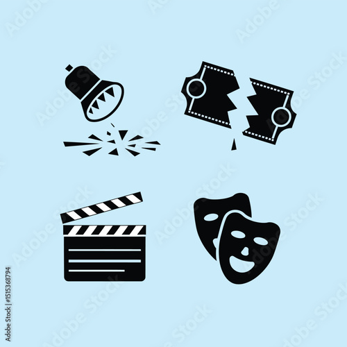 vector icons for cinema, Director's Chair , theatrical roles, video tape, cinema shattered spotlight, Theater Ticket
