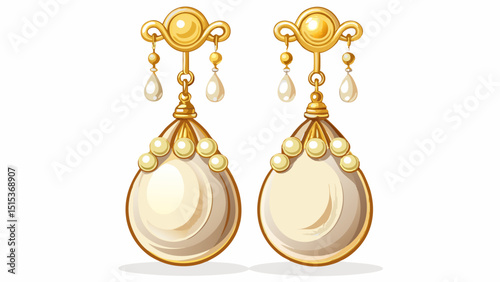 Elegant pearl drop earrings on display, hanging gracefully with golden clasps. Pure white pearls shimmer against clean white background, symbolizing timeless grace and gentle femininity in jewelry des