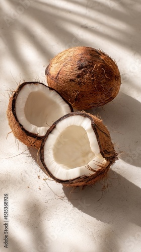 Halved Coconuts Resting on a Soft Surface With Natural Shadows Highlighting T...