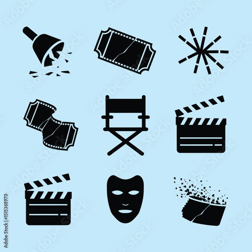 vector icons for cinema, Director's Chair , theatrical roles, video tape, cinema shattered spotlight, Theater Ticket
